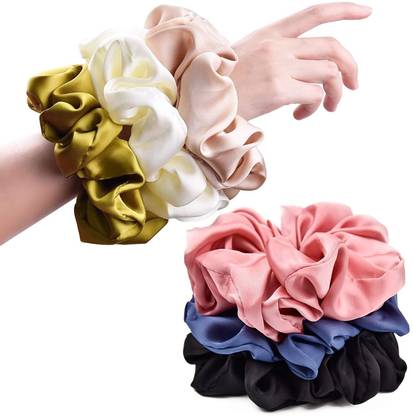 Fameza Real Silk Scrunchies for Women Large Scrunchie Satin Oversized Silk Thick Elastic Hair Ties Jumbo Hair Scrunchies PACK of 5 Rubber Band