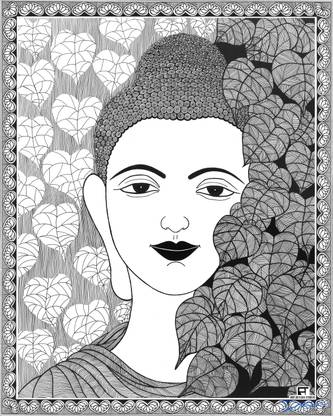 Art Design Studio BLACK & WHITE MADHUBANI ART - A Beautiful Canvas Painting - Traditional Art for Bedroom Wall & Living Room (56.00 X 46.00 CM) Canvas 22.05 inch x 18.11 inch Painting