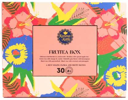 Karma Kettle Fruitea gift box Passion Fruit, Mango, Pineapple, Coconut, Strawberry, Apple, Lime Herbal Tea Festive Gift Box