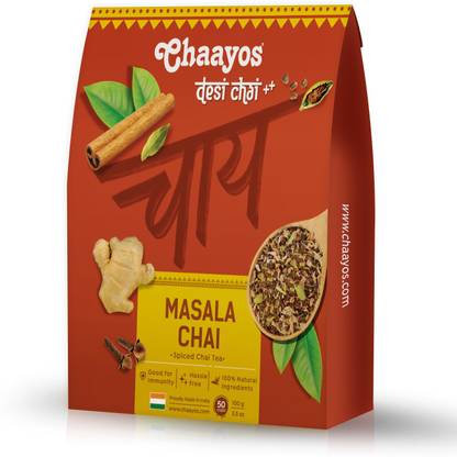 Chaayos Premium Masala Chai Patti - Healthy Tea with Natural Spices (Ginger, Clove, Cinnamon, Candamom) (50 Cups) Spices Tea Pouch