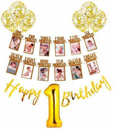 decokart HAPPY BIRTHDAY DECORATION FOR FIRST BIRTHDAY AND 1 MONTH TO 12 MONTHS PHOTO FRAME BANNER (Set of 9)