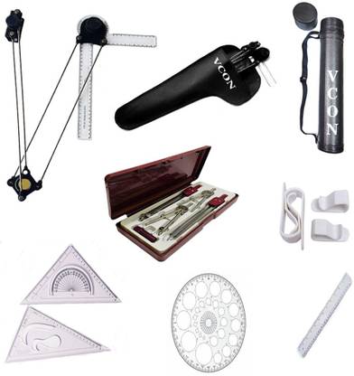 VCon Engineering Kit - Black Mini Drafter, Sheet Container, 5 Parts Drawing Instrument Box, Set Square, Ruler, Procircle, 4 Drawing Board Clips- Drafting Compass Set