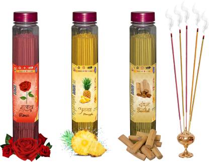 Shankh Rose, Pineapple & Sandal (Chandan) Agarbatti (Incense Stick) Pack of 300 gram (100 + 100 + 100) Fragrances Rose, Pineapple, Sandal (Chandan)
