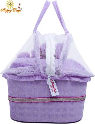 happy days laddu gopal ji/ kanha ji carry basket/tokri bucket with soft velvet mattress and 3 cushions- Mosquito net cover and easy to hold handle - Easy to carry/use wash- Durable- Purple color- 0 to 4 no.- color purple Jhula