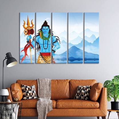 999Store Sky-blue Rectangular Engineering Wood Lord Shiva Wall Frames Painting (Set of 5) Digital Reprint 30 inch x 51.18 inch Painting