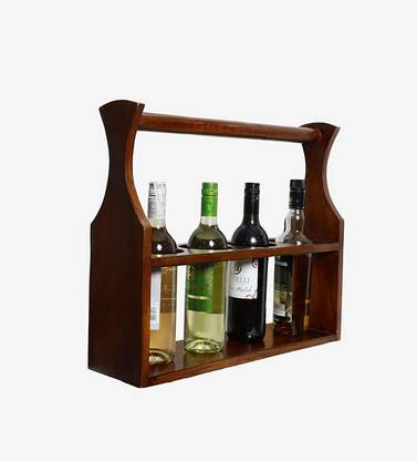 Timberly 4 Bottle Holder Bar Cabinet with Handle | Wine Bottle Holder Rack | Bear Tray | Basket Bar Trolley in Bottle Design for Bedroom,Living Room,Kitchen & Garden Solid Wood Bar Cabinet