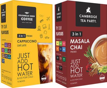 Colombian Brew 3 in 1 Cappuccino Café Latte, Instant Coffee Premix, Cambridge Tea Party Instant Masala Chai Tea Premix, 10 Sachets Box Each Combo
