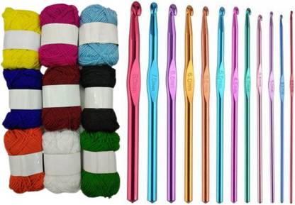 Sigmatech supreme quality hand knitting 12 piece aluminium needle and hand knitting multicolor woollen thread for arts and craft pack of 9