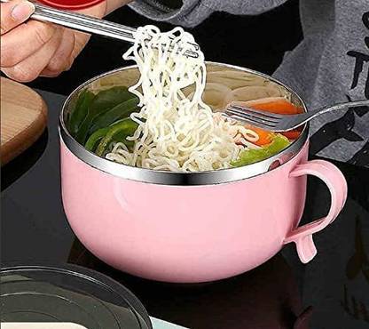 Fing Stainless Steel Dessert Bowl Steel Noodle Bowl with Lid Handle & Spoon Tableware Infant Pasta