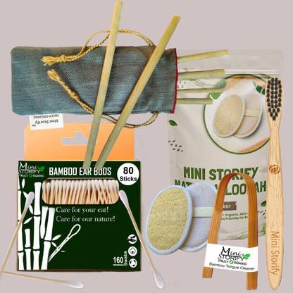 Mini Storify 1Bamboo Cotton ear buds/swabs|80 Stems|1 Kids bamboo tooth brush - ,| 1bamboo tongue cleaner|2 Oval Loofah/Loufah Pads, Sponge Body scrubber|6 Bamboo Straw (8 inch)