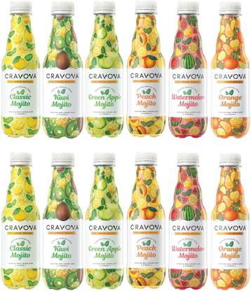 CRAVOVA - THE CRAVE BEGINS Mocktail 300ml Combo of Classic, Green Apple, Watermelon, Peach, Kiwi, Orange-Pack of 12