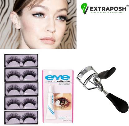 Extraposh EYELASH CURLER TO CURL EYES WITH 5 PAIRS THICK BLACK FALSE EYELASHES & EYELASH GLUE ADHESIVE
