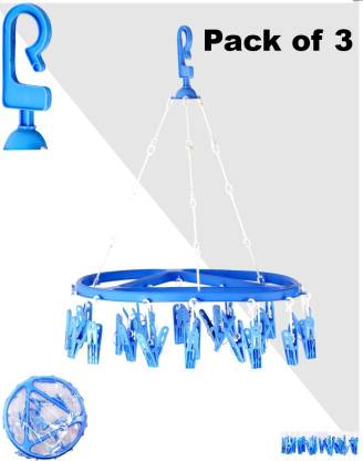 KROCIE Round Cloth Drying Hanger with 24 Clips, Baby Clothes Hanger with clips Plastic Dress Pack of 3 Hangers For  Dress