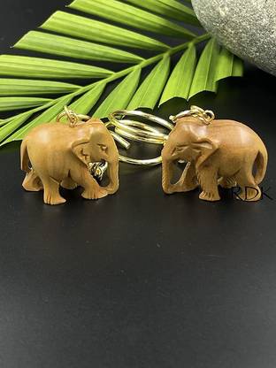 RDK Hancrafted Original Sandalwood Elephant Engraved Keyring Key Ring Chain Chandan Handmade Keys Hanger Keychain - Pack of 2 Key Chain