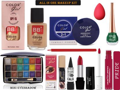 Color Girl Makeup Kit with Foundation+Compact+Puff+Eye Liner+Eye Shadow+ Mascara + Kajal + Lipstick + Lip Liner + Liquid Lipstick -DKTI396