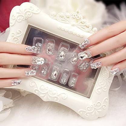 HEAVEN 24 pc Set Heavy Stone French Artificial Nails With Free Application Tape Glue