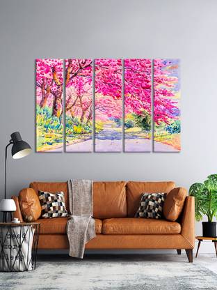 999Store Pink Rectangular Engineering Wood Red Tree Wall Frames Painting (Set of 5) Digital Reprint 30 inch x 51.18 inch Painting