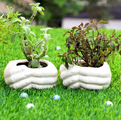 Bright Shop Ceramic Plant Container Set, Ceramic Gamla Planter For Indoor & Outdoor Plants White Color, Small Size (Pack Of 2, Plant Not Included) Joint Hand Shape Gardening Vase Plant Container Set