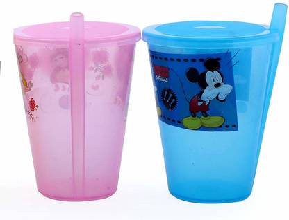 WiiBross Plastic Air Tight Glass with Sipper Lid & Straw for Kids, Dust-Free Cover Lid, Sipper Glass, Sipper Glass with Straw, Sipper Glass for Baby (Pack of 2)(Multi-Color) SH 24