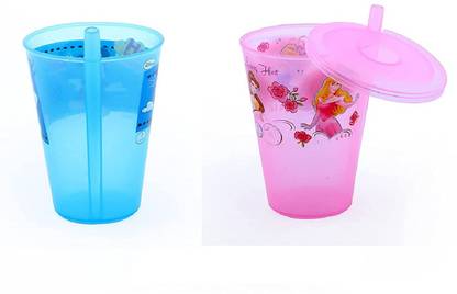 WiiBross Kid School Accessories Sipper Glass with Straw & Lid(Cap) Infants for Milk and Drink Water for Travel Use Peach Ice Cream Sipper Water Bottle 200ml Multicolour(Set of 2)