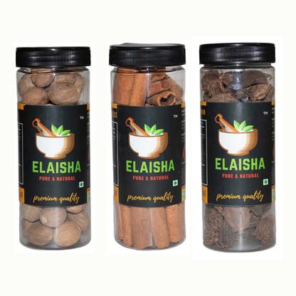 ELAISHA Nutmeg Jaifal Jaiphal (175 Grams)-Cinnamon Sticks Dalchini Sticks (100 Grams) -Black Cardamom Whole Badi Elaichi (100 Grams)