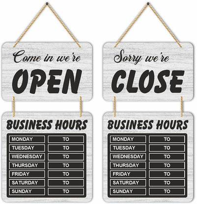 KREEPO Beautiful Art Of Weekly Schedule Monday to Sunday Open And Close Wooden Wall Hanging Chalkboard, Double-Sides Business Hours Sign Board Business Decor, White (10inch x 18inch)