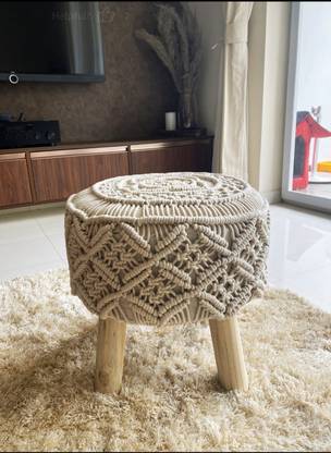 Cottoncube Cottoncube Macrame Stool 100% Cotton Seat Modern Design Round Shape Super Soft,Comfortable and Puffy Stool with 4 Wooden Legs Off White Solid Wood Bar Stool