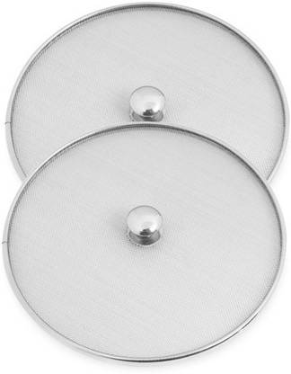 PRABHA Food Grade Quality Stainless Steel Vessel Net Cover Lid (Set of 2, 16cm & 20cm) for Fruits, Vegetable Basket, Milk Pan, Food for Kitchen and Dining Table, Multipurpose Strainer, Silver Sieve
