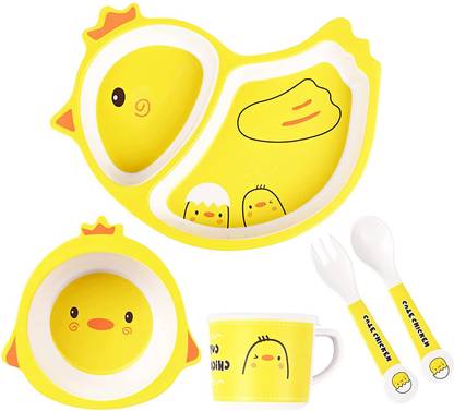 PEZYOX Plastic 5 PCS Eco-Friendly Bamboo Fiber Baby Feeding Set Tableware Baby Lunch Sets Fun Plate Sets for Kids Feeding Set for New Born and Toddlers Dinner Set