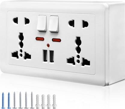 HASTHIP 2.1A 2 USB Multi Plug Socket Switch-Control Wall Socket with Installation Box 13A-250V Charger Power Panel Receptacle 5 Outlet Switch (multi) 11 A Three Pin Socket