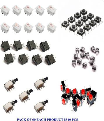 22 TECH COMBO PACK OF 60 PUSH BUTTON, Mini Rocker Switch White 2 Pin, locked push button switch with 6 pins Electronic Components Electronic Hobby Kit