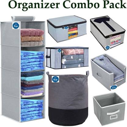 Skylii Home Organizer Pack Hanging organiser 4 shelves ,Laundry bag, Saree Cover, Shirt Cover, Shirt Staker, Storage Box, Blanket Underbed Storage organizer. Grey Combo Pck Of 7 p. Foldable