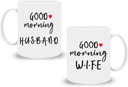 Divine craft Good Morning Husband and Good Morning Wife Coffee Set, White Ceramic Coffee (350 ml, Pack of 2) Ceramic Coffee Mug