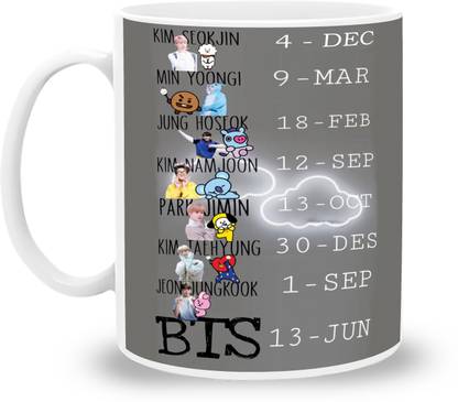 Divine craft BTS Bangtan Boys Coffee Bts Printed Cup White Tea Milk Ideal And Bts Lover Bts Army Bts Name and Birthday Date V Suga J-Hope Jungkook Jin Jimin Rm Ceramic Coffee (351 ml) Ceramic Coffee Mug