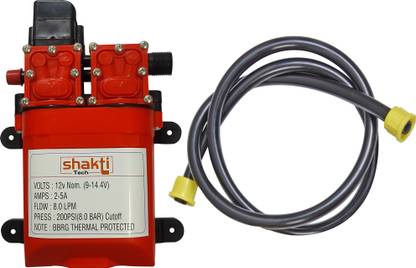 Shakti Tech Battery Sprayer Pump 12V Flow Rate: 8.0 Liters Per Min. Input And Output Pipe Size : 8 mm It Is Used For Agriculture Spray Pump Shower, Car Wash, Bike Wash, Garden Sprinkle, Wash Window And Door, Cleaning Air Conditioning, Flower Watering High Pressure With Automatic Cut Off System. It Has Made Of Self Priming Practical Material Which Having Very Long Life Span Inbuilt And 1.25 Meter Pipe Combo Set Diaphragm Water Pump