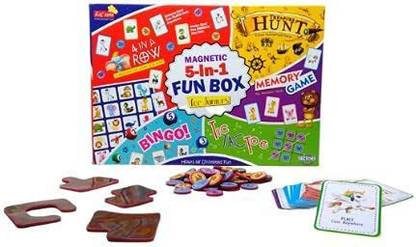 Nabhya Magnetic 5-in-1 Fun box for Juniors/ Treasure Hunt/memory Game/BINGO/TIC TAC TOE/ 4-IN-A-ROW fun & Learning Games for kids (48 Pieces) Board Game Accessories