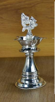 damurhu Pure Brass German Silver Peacock Diya Oil lamp Samayi with Peacock Top -Set of 2 Pcs 16 inch-Size 13 Silver (Pack of 2) Table Diya