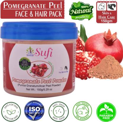 sufi ADVANCE PACK Hair Growth: The powerful antioxidants in pomegranates strengthen the hair follicles and improve circulation to the scalp. Helps in hair growth. The antioxidant, anti-microbial and anti-inflammatory properties of pomegranate peel gives you radiant and glowing skin. 100% Pure & Natural (Organic) Pomegranate Peel Powder (Punica granatum/Anar Peel Powder) For Face Pack, Hair Pack, Acne-Spot Treatment, Hair fall Treatment.