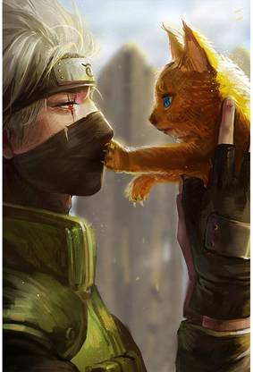 Kakashi Hatake with cat Naruto Anime wall poster REDCLOUD Paper Print