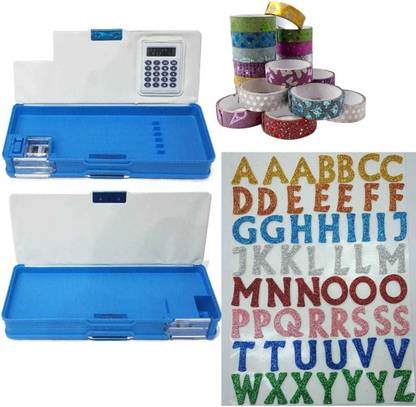 imtion 3 in 1 Combo Kit ( Pencil Box Kit With Calculator Attach + 12 Pcs Glitter Designer Tape Multi Color + Glitter ABCD Alphabet Craft ) Geomatry Box Multi color and Design