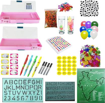 imtion Student Kit 13 in 1 ( Pencil Box with Calculator + Stencil set indian map + 20 Glitter sticker +10 Balloons + Star sticker + water ball + 10 Growing Animal +10 Googly eyes + 1 Mechanical pencil + 8 Name slip + Smiley Striker 35 Pcs ) (Random Design)-
