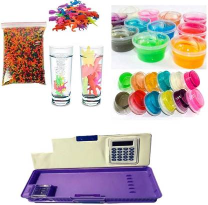 imtion 4 in 1 Combo ( Pencil Box Kit With Calculator Attach + 2 Pcs Crystal Slime Jelly Clay Any Color + 1000 Pcs Water Ball + 10 Pcs Water Growing Animals ) Bithday Return Gift