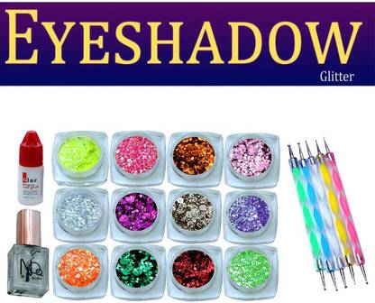 DEMON-Z Eye Shadow Chunky Glitter Powder 12 Pcs,Multicolor With Glue,Transparent Top Nail Paint & 5 Pcs Dotting Tools