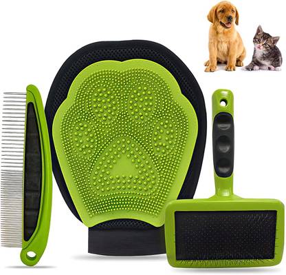 Waafa Professional Pet Grooming Kit 3 in 1 Dog Grooming Tools Kit Including Pet Steel Comb + Hair Remover Shedding Brush + Double Side Pet Massage Gloves Plain/ Bristle Brushes for  Dog & Cat