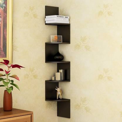 Billu Solutions Wooden Wall Shelves | Corner Hanging Shelf for Living Room | Zag Home Decor Floating Display Rack Storage Organizer Unique Design with Teak Natural Finish | Set of 1 | (Color : Black & Light Grey with Granite Finish) | Made of MDF (Medium Density Fiber) Wall Shelf