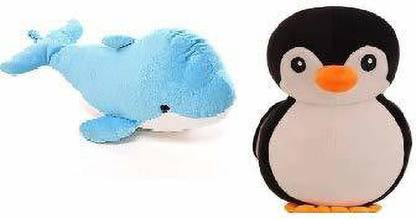 VMS Stuffed Soft Black Penguin (Size-30cm) with Blue Dolphin (Size-32cm) Combo Pack of 2.  - 32 cm