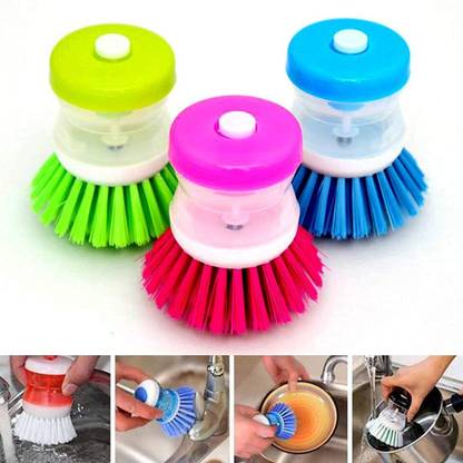 VIMIBELLS (Pack of 3) Washbasin Plastic Cleaning Brush with Liquid Soap Dispenser for Kitchen Plastic Pot Dish Cleaning Brush Home Cleaning Kitchen Washing Utensils (Color and Design May Vary) Plastic Wet Brush