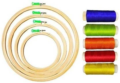 vahvaa Wooden Embroidery Hoop Ring Frame (5,6,7,12 Inch) Set of 4 Embroidery Frame And 5 Spools Silk Thread