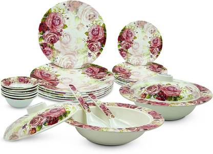 KONVIO Pack of 22 Melamin Unbreakable Dinner Set Collection, Plates Bowl and Spoons (22 Pieces, Pink) Dinner Set