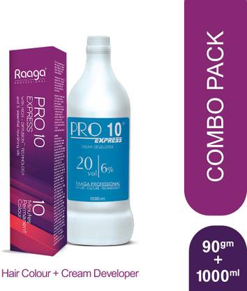 RAAGA PROFESSIONAL Pro 10 Express Permanent Hair Colour | Dark Brown 3 | 90 gm & Pro 10 Express 6% Cream Developer | 20 Vol | 1000 ml , Dark Brown